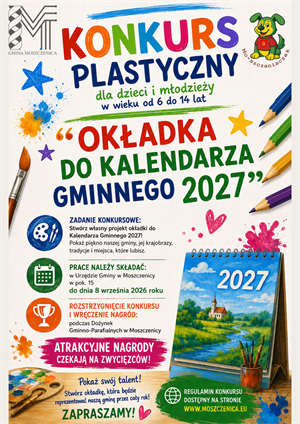Konkurs plastyczy dla dzieci i młodzieży pt. „Okładka do kalendarza gminnego 2027”. 
