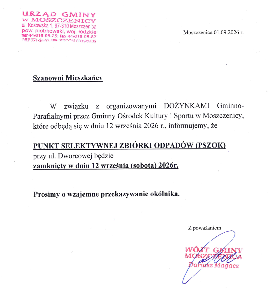 PSZOK zamknięty dnia 12 września (sobota) 2026r.