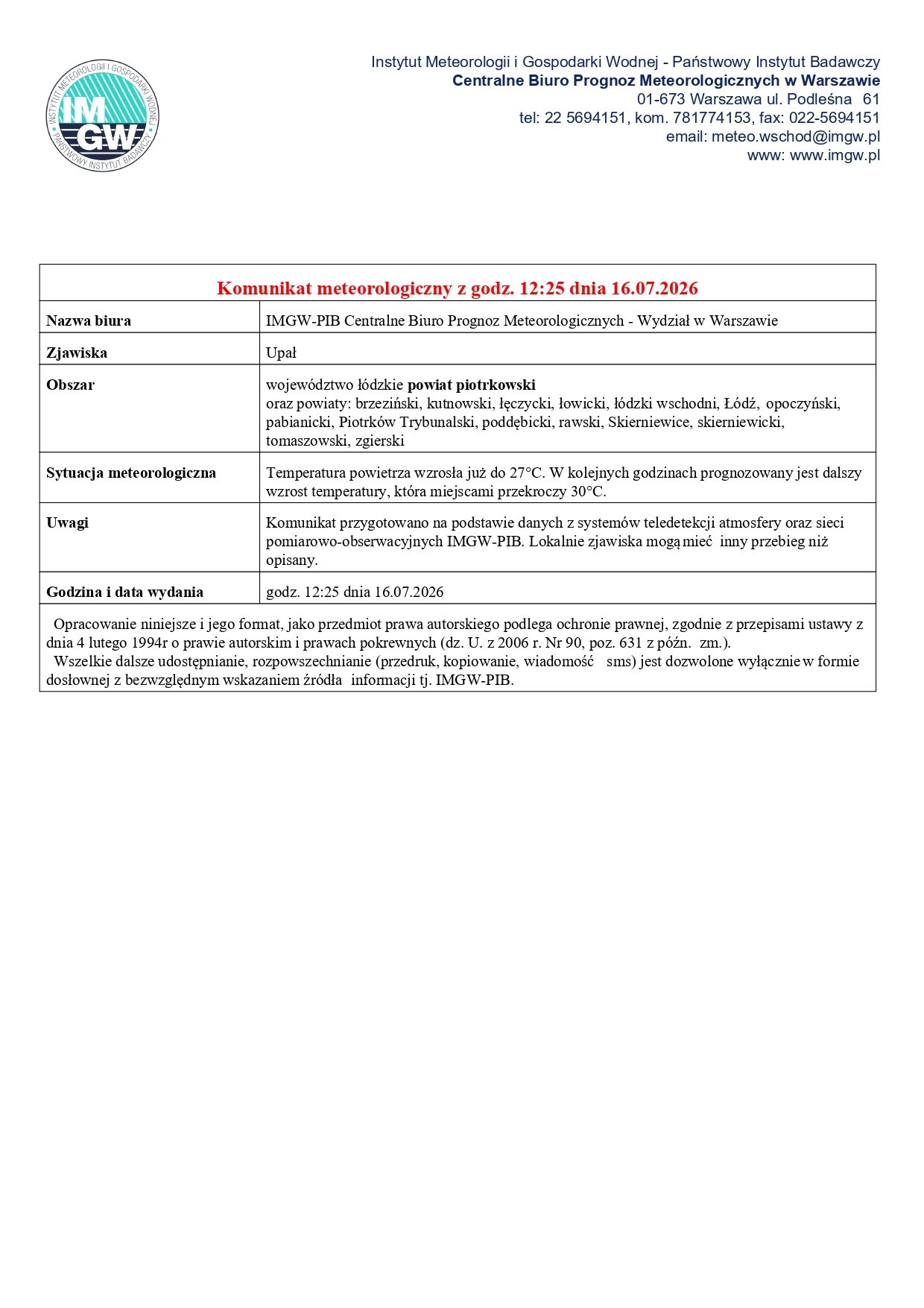 Ostrzeżenie meteorologiczne - UPAŁ