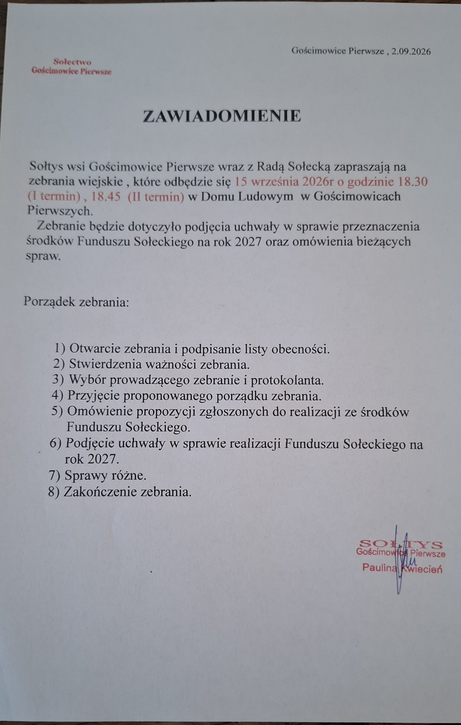 Zebranie Sołeckie Gościmowice Pierwsze