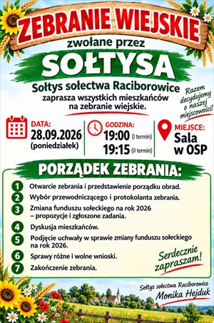 Zebranie Wiejskie - Raciborowice - zmiana funduszu sołeckiego na rok 2026