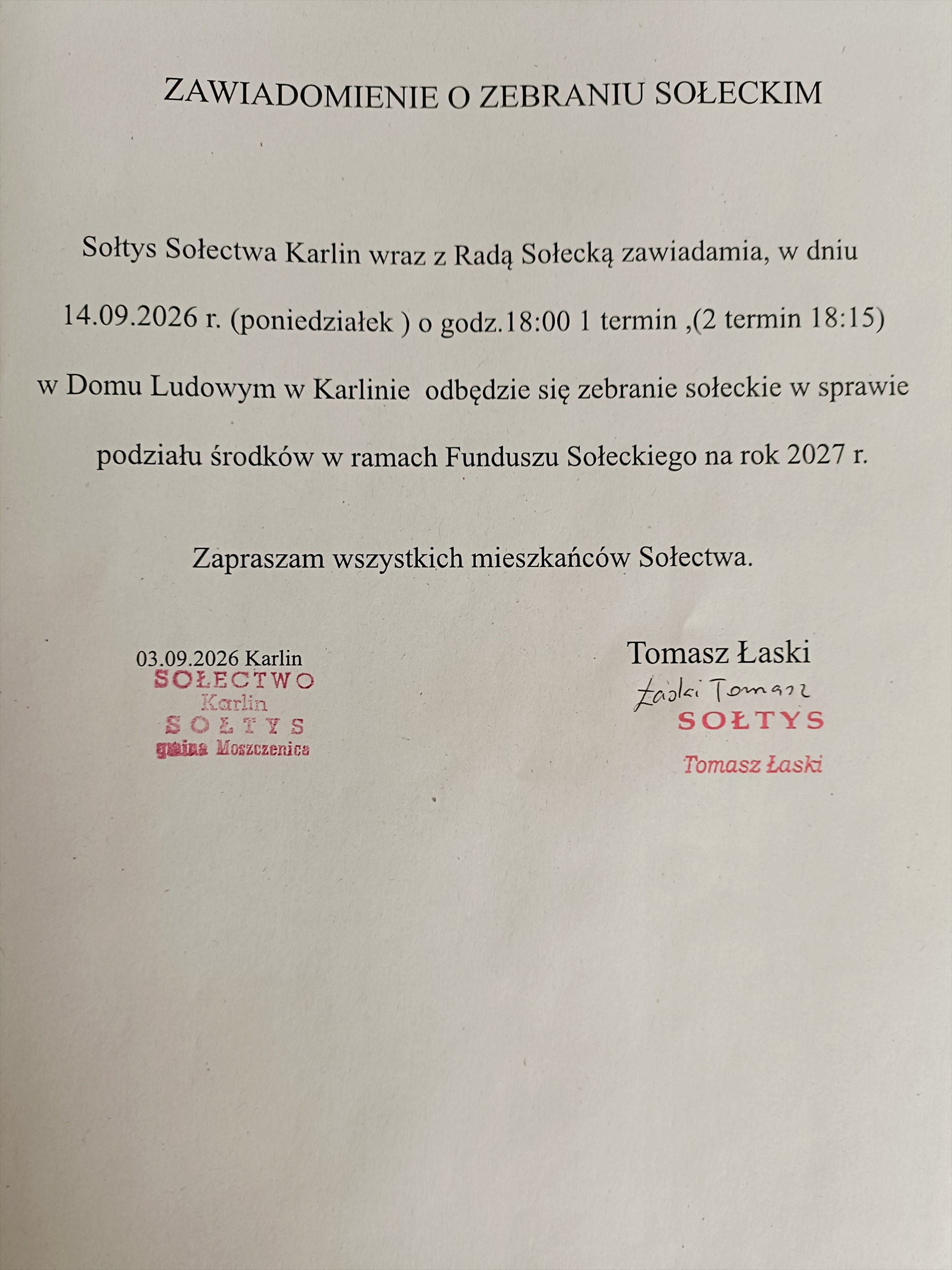 Zebranie Sołeckie - Sołectwo Karlin