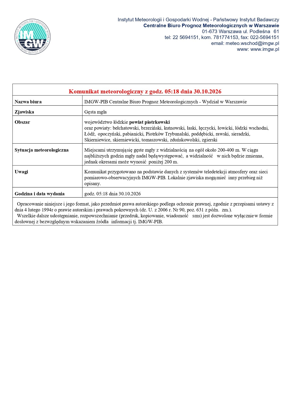 Ostrzeżenie meteorologiczne - GĘSTA MGŁA