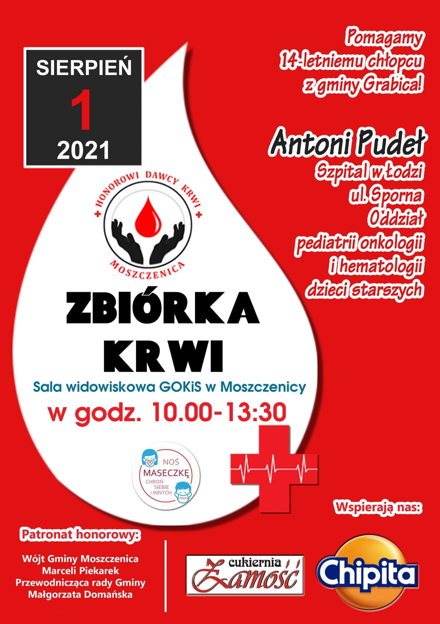 Klub Honorowych Dawców Krwi PCK w Moszczenicy organizuje zbiórkę krwi dla 14-letniego Antka