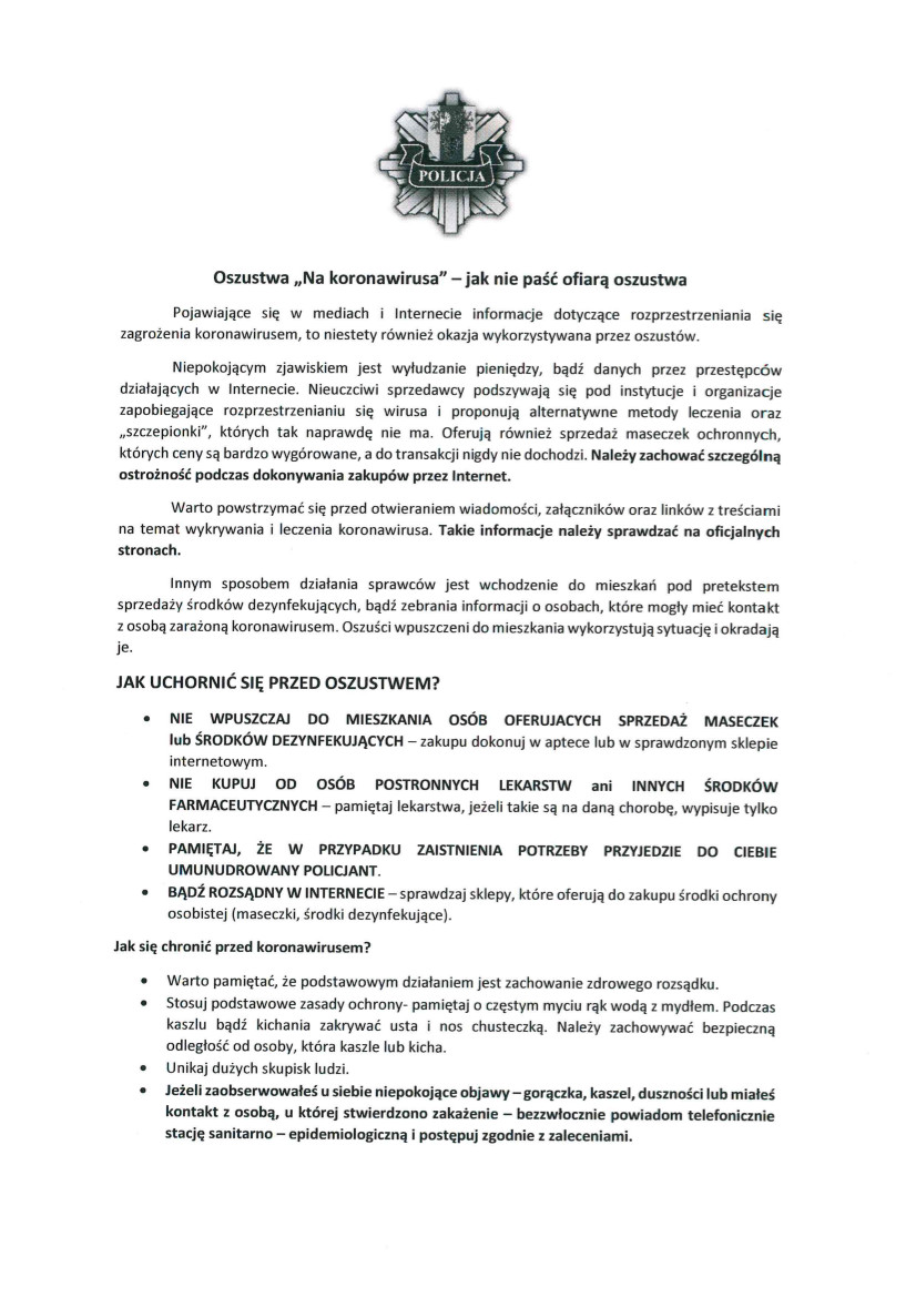 Oszustwo na koronawirusa - policja ostrzega!