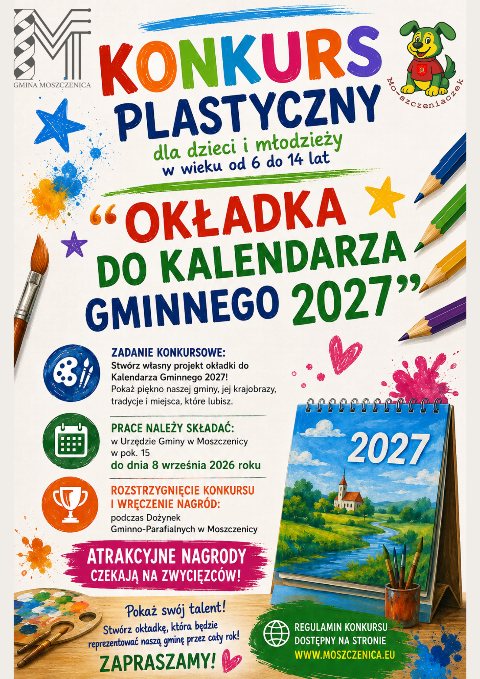 Konkurs plastyczy dla dzieci i młodzieży pt. „Okładka do kalendarza gminnego 2027”. 