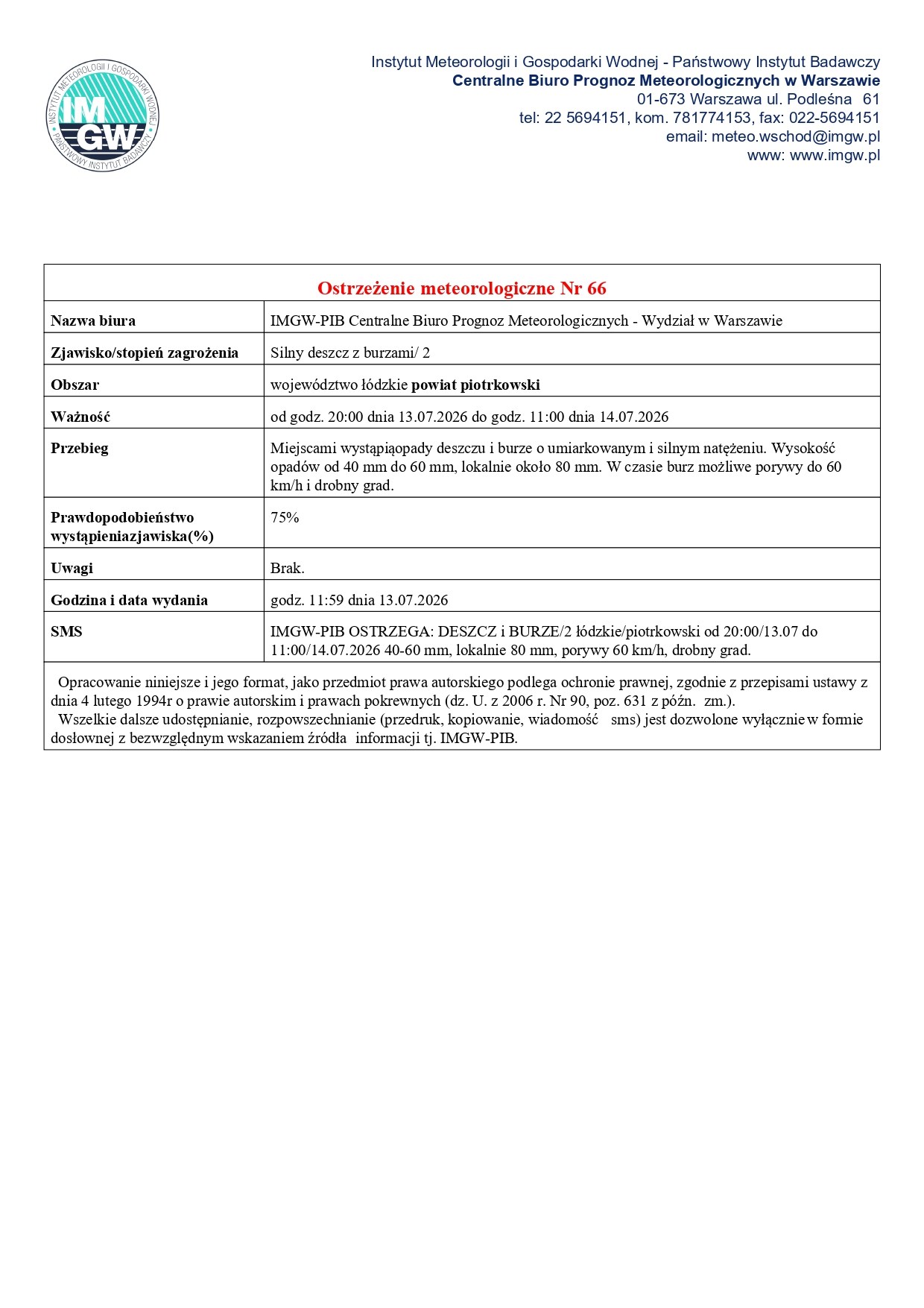 Ostrzeżenie meteorologiczne - SILNY DESZCZ Z BURZAMI