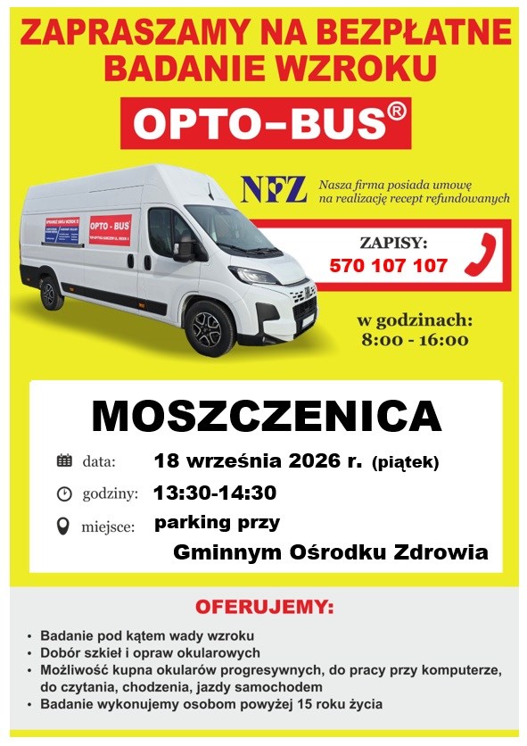 Bezpłatne badanie wzroku - 18.09.2026 Opto-Bus w Moszczenicy