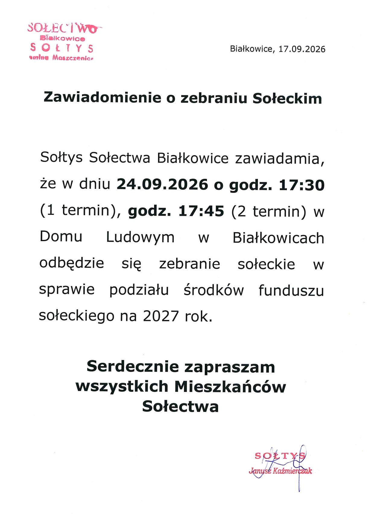 Zebranie Wiejskie - Białkowice