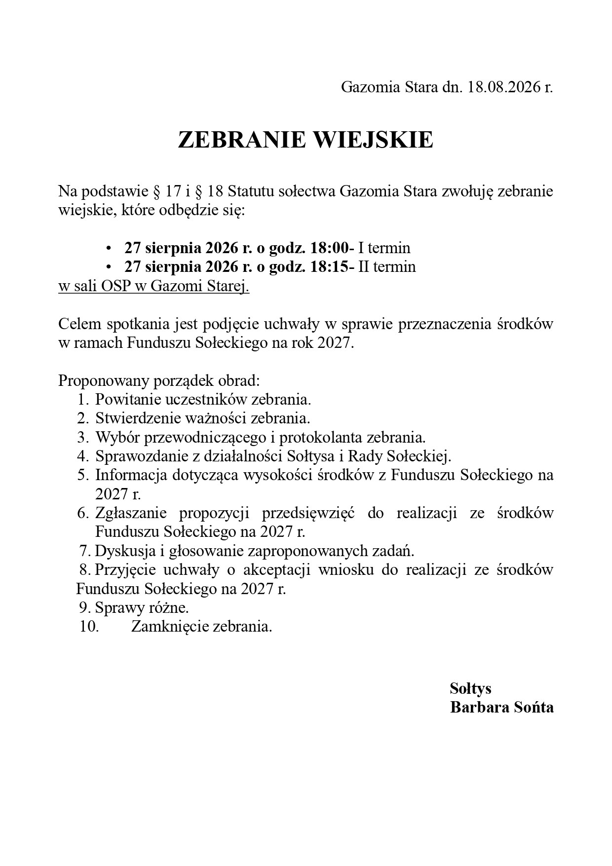 Zebranie Sołeckie Gazomia Stara