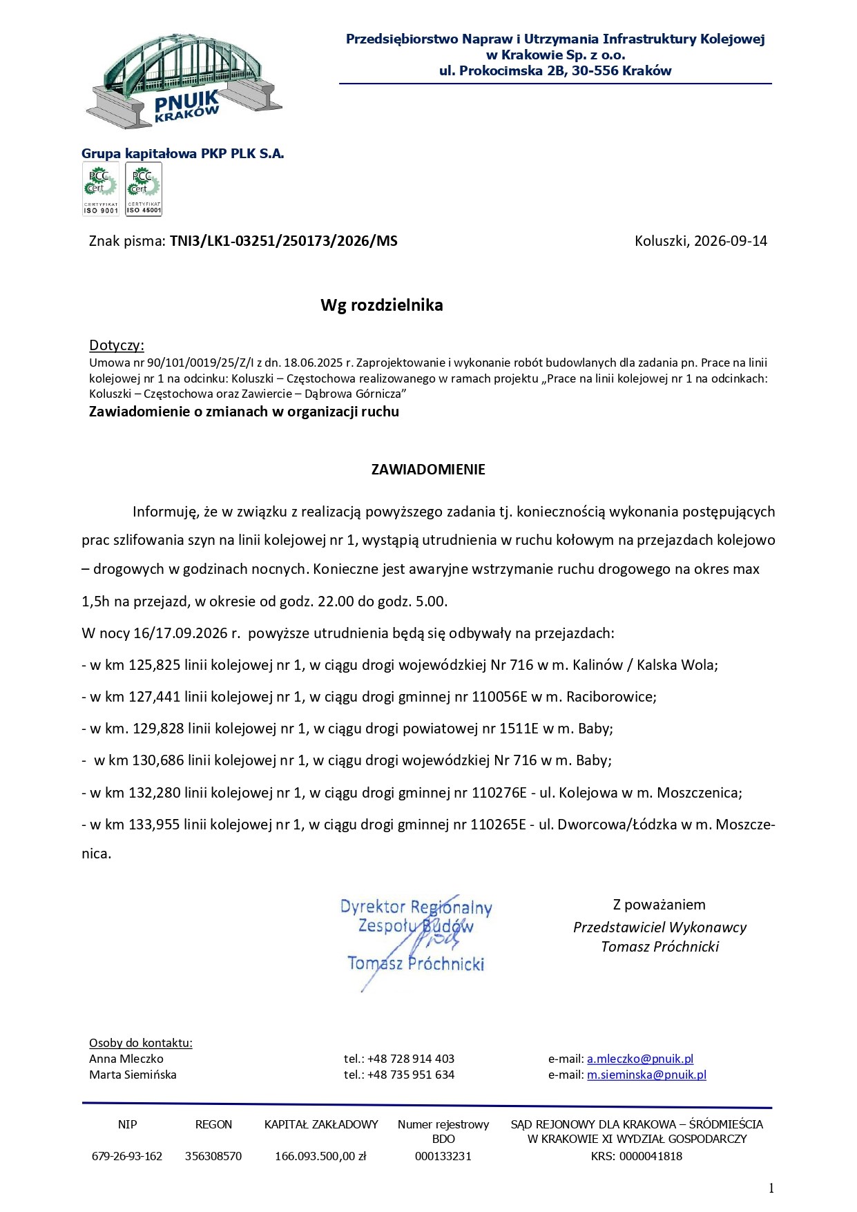 pismo o zamknięciu przejazdu