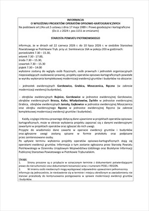 Informacja o wyłożeniu projektów operatów opisowo-kartograficznych