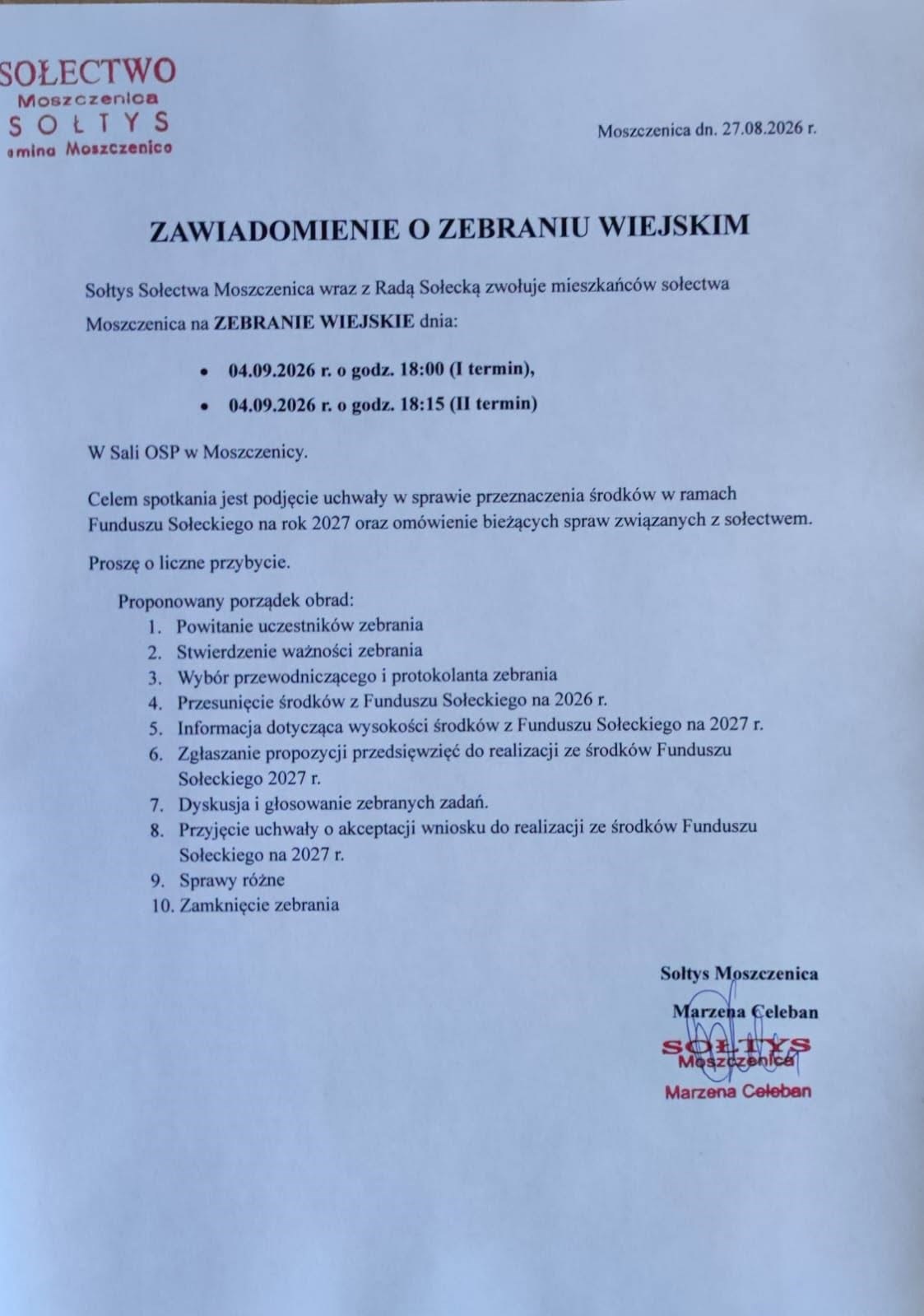 Zebranie Sołectwa Moszczenica
