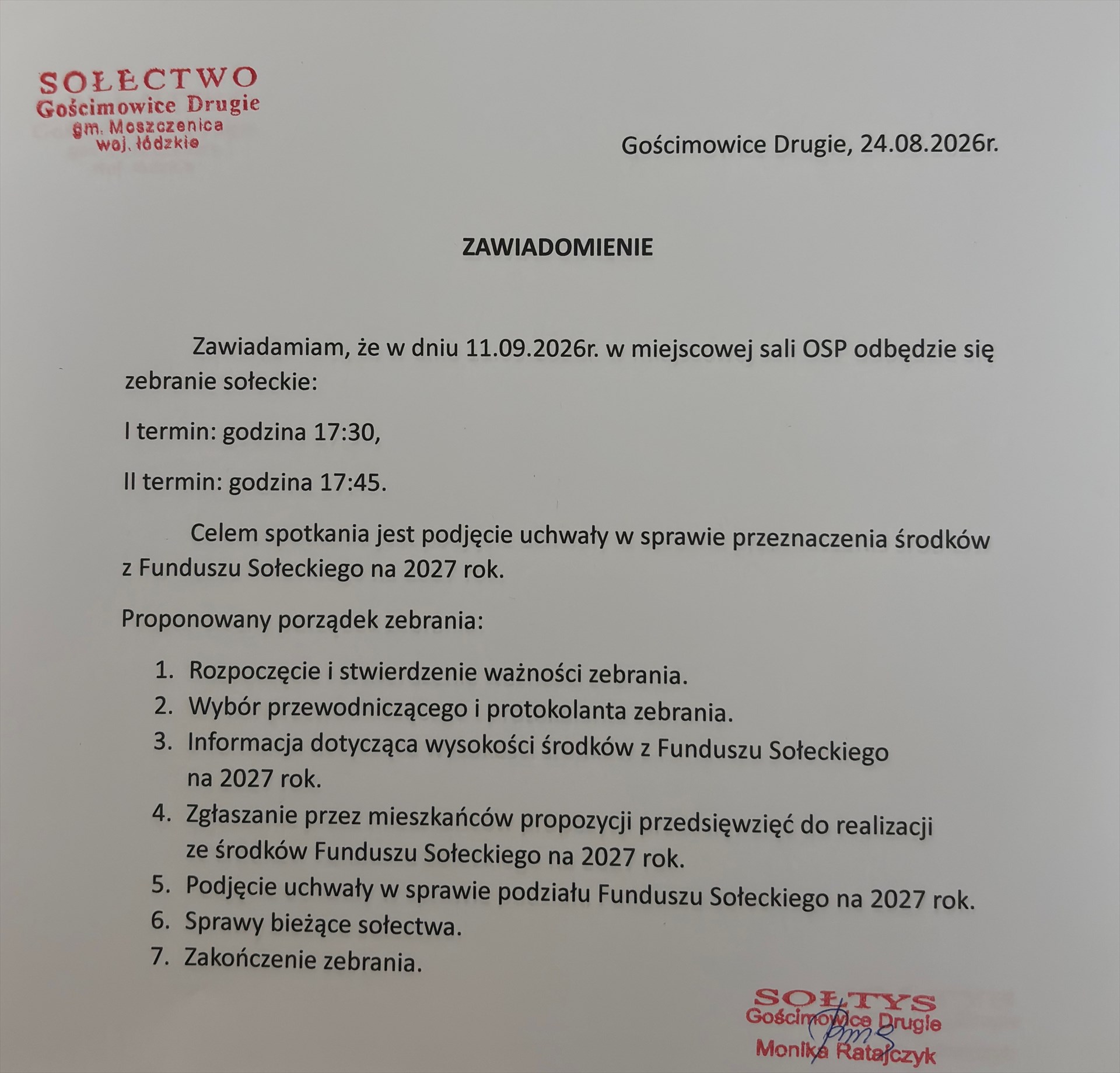 Zebranie Sołeckie Gościmowice Drugie