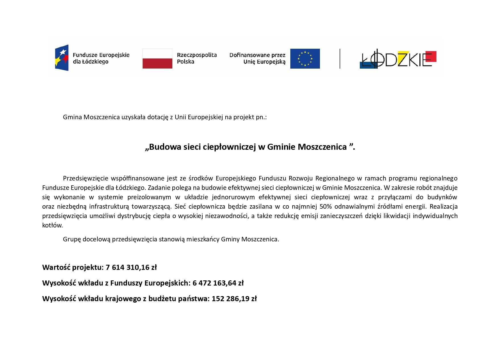 Budowa sieci ciepłowniczej w Gminie Moszczenica 