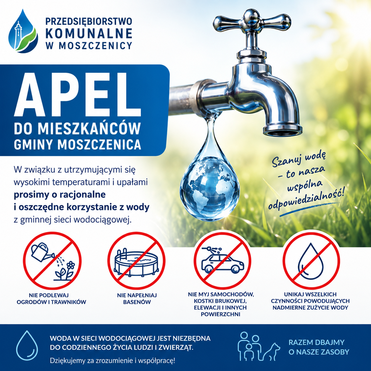 OSZCZĘDZAJ WODĘ PODCZAS UPAŁÓW - APEL DO MIESZKAŃCÓW GMINY MOSZCZENICA