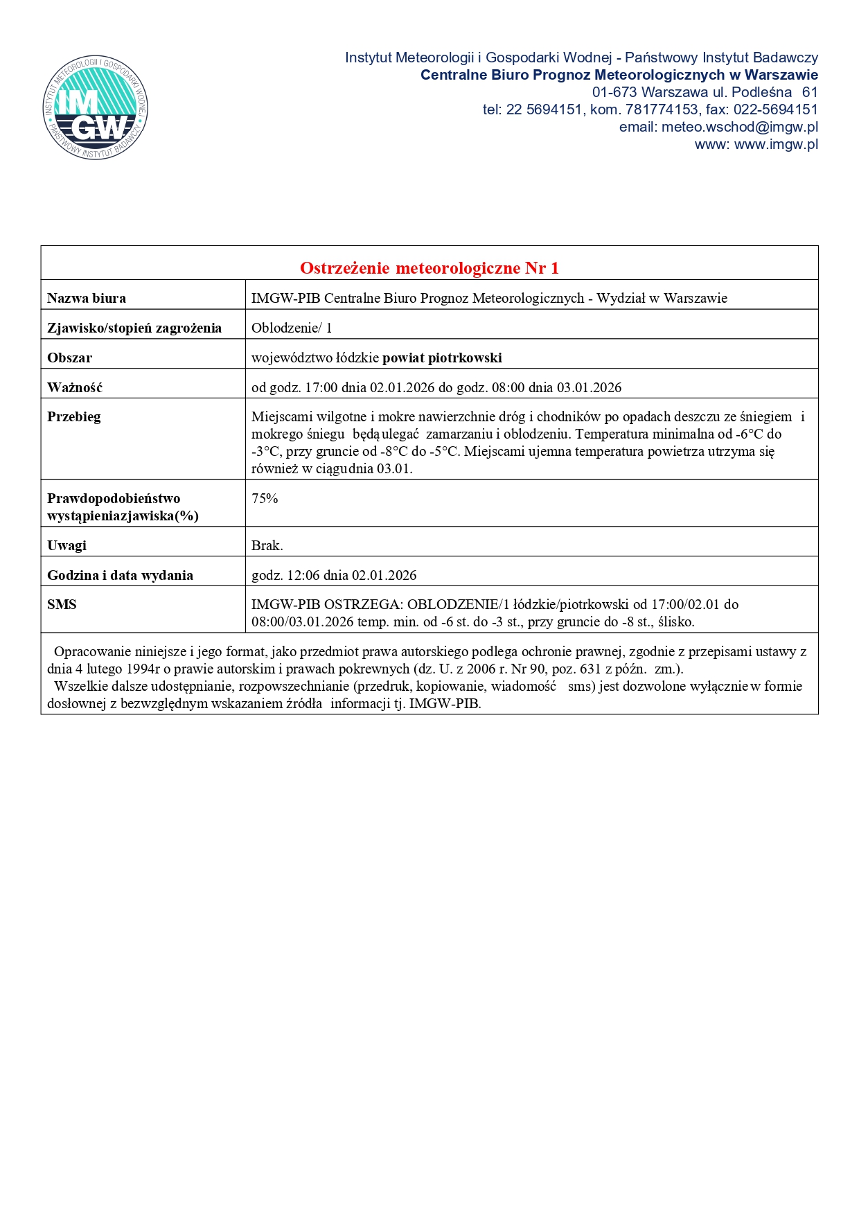 Ostrzeżenie meteorologiczne o oblodzeniach