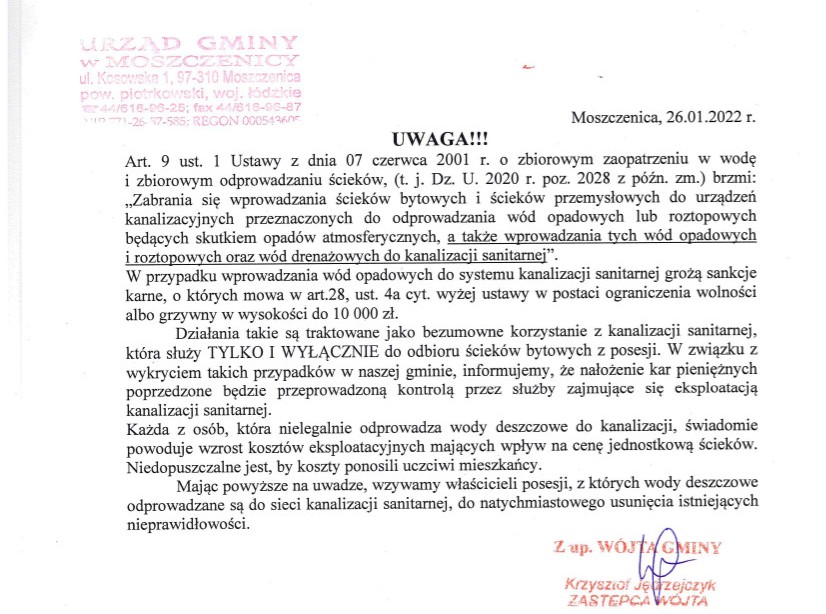 Okólnik dotyczący nielegalnego korzystania z kanalizacji 
