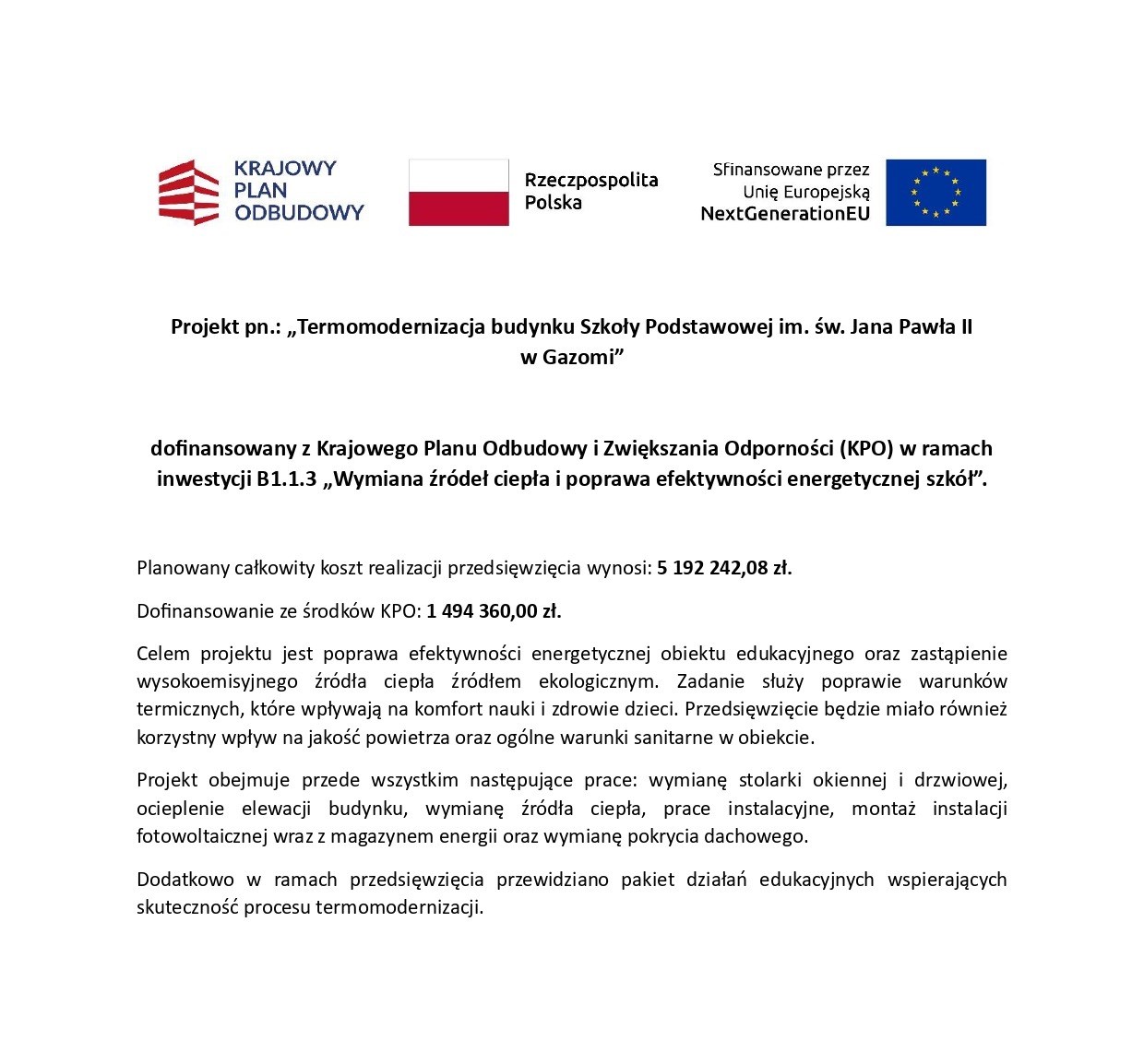 Szkoła Podstawowa im. św. Jana Pawła II w Gazomi przejdzie kompleksową termomodernizację dzięki środkom z KPO