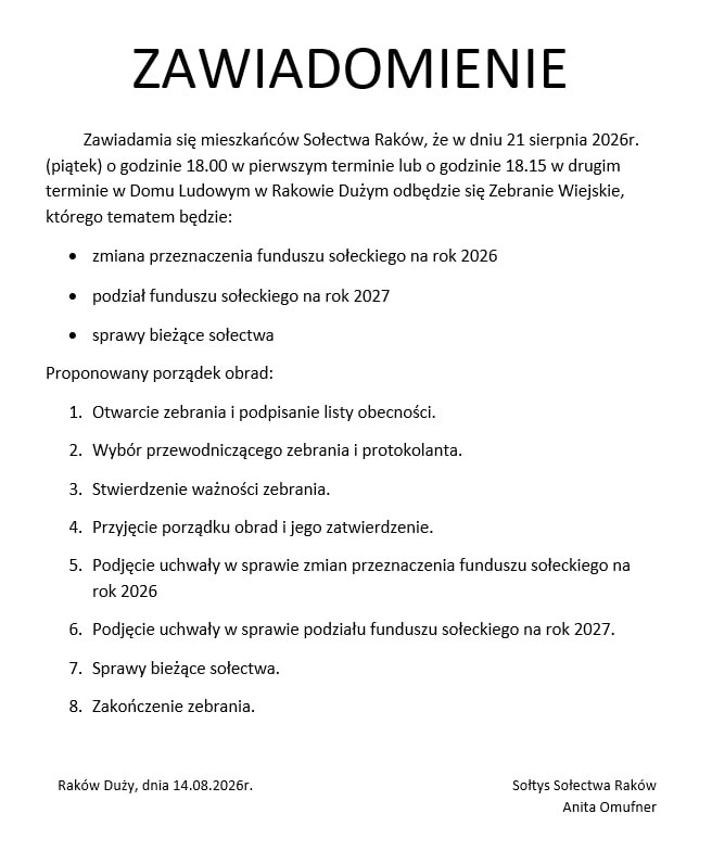 Zebranie Sołeckie w Rakowie/ Rakowie Dużym