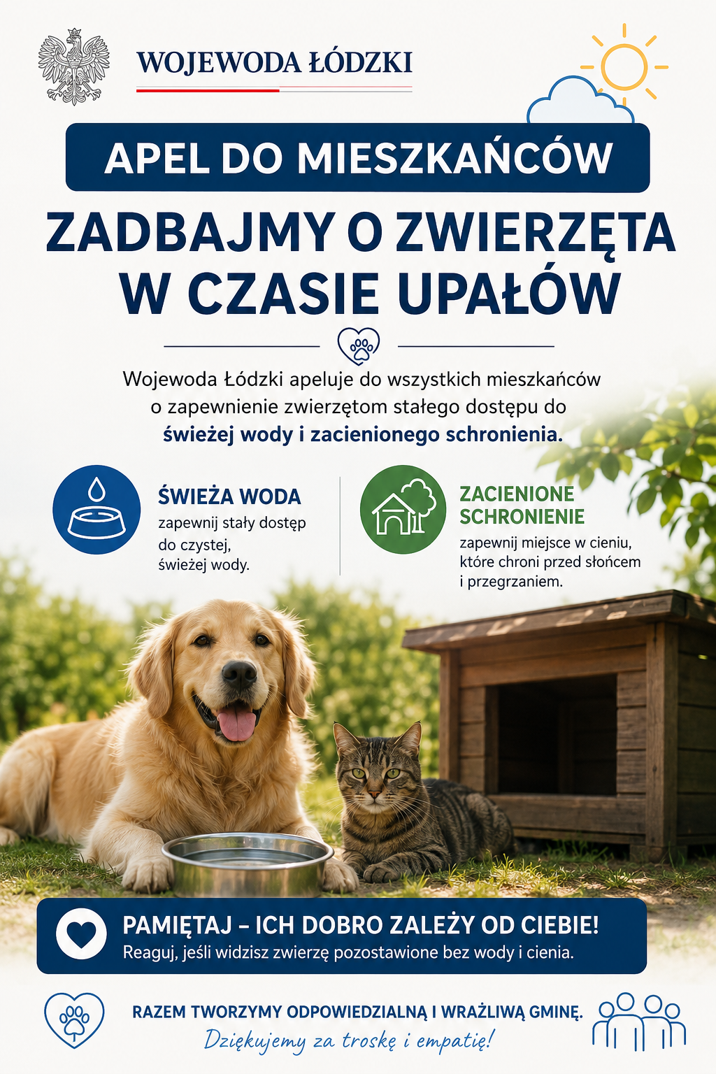 Apel do mieszkańców o zapewnienie zwierzętom stałego dostępu do świeżej wody i zacienionego schronienia
