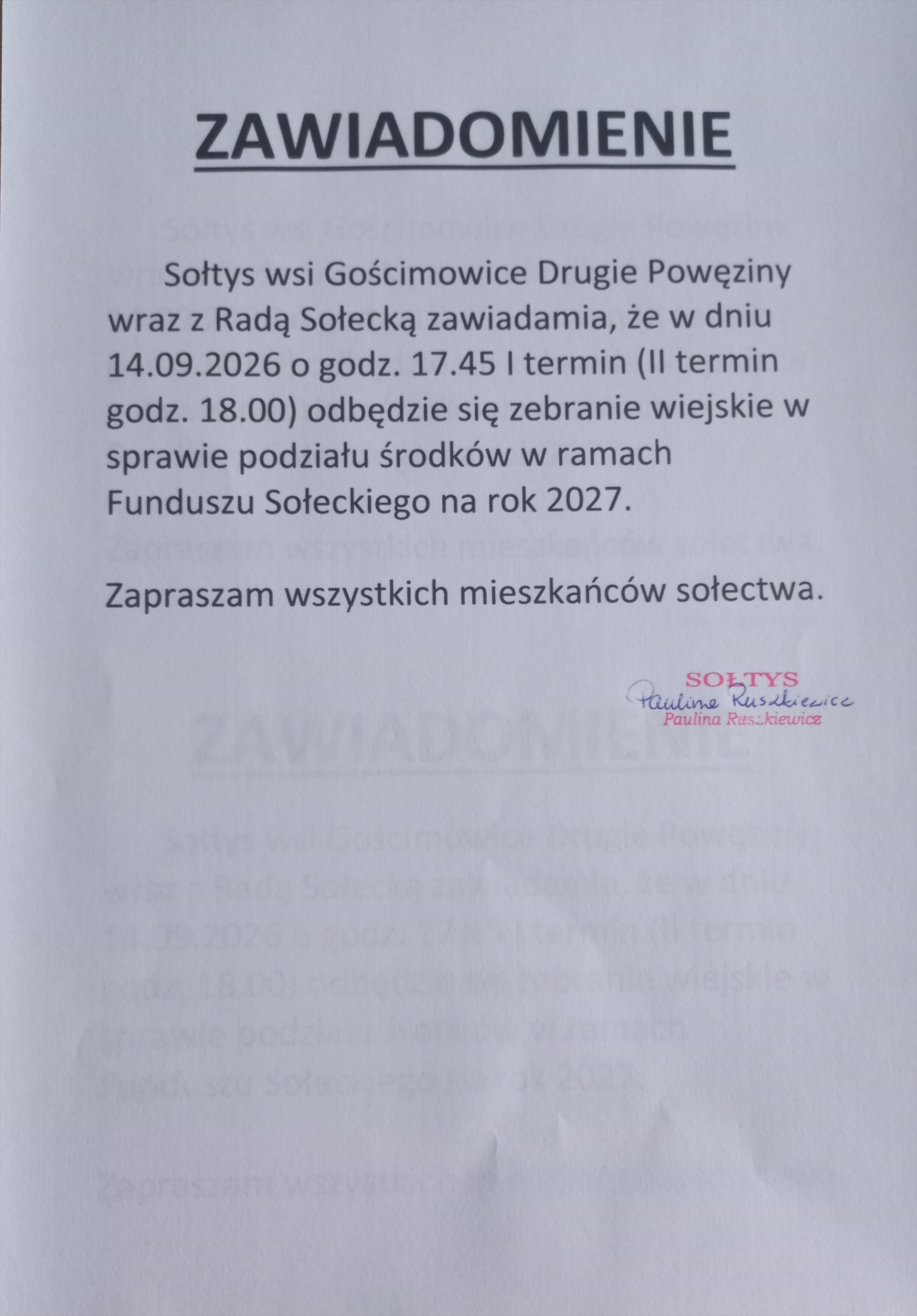 Zebranie Wiejskie - Gościmowice Drugie Powęziny